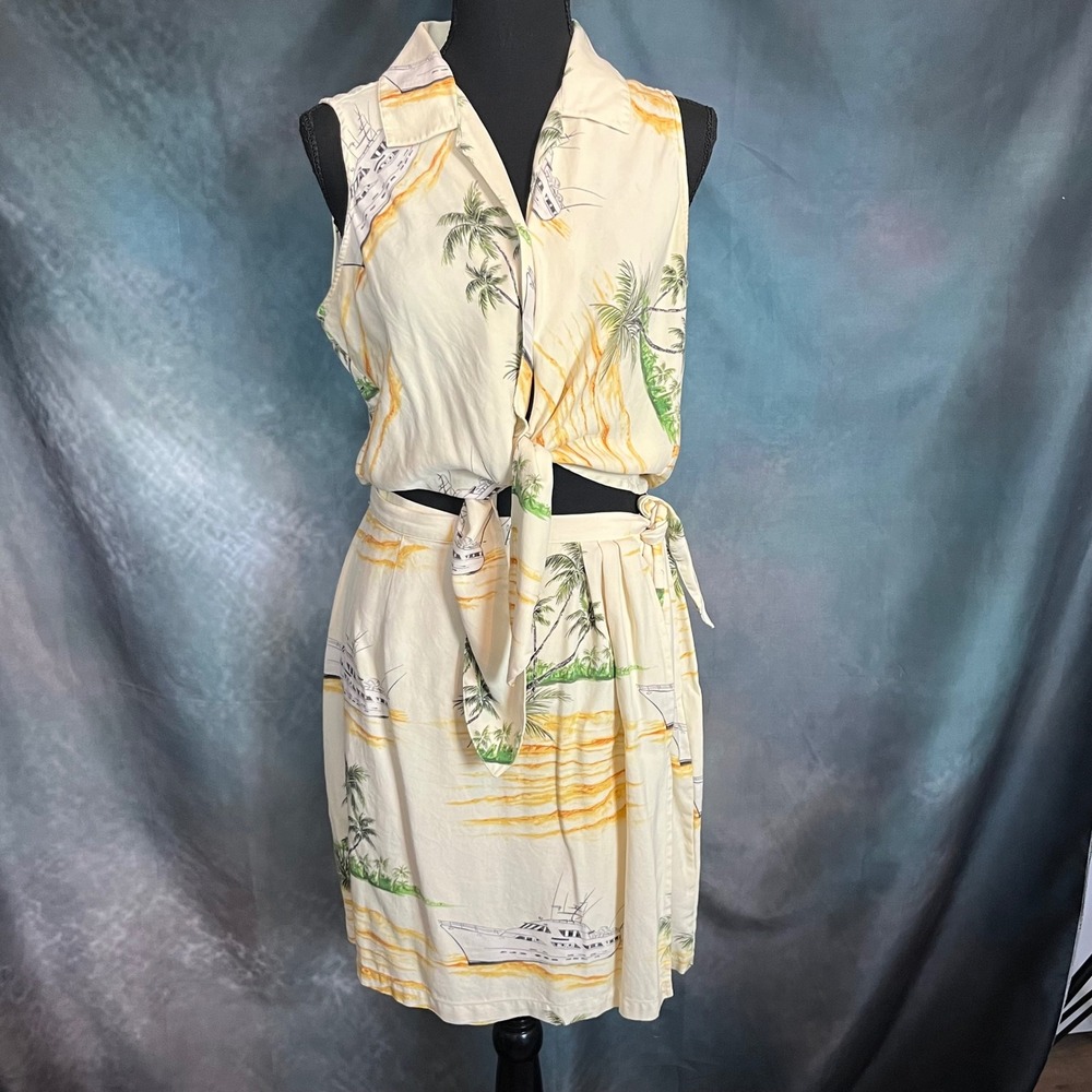 Bahama‎ Cruise Vintage 100% Silk Tropical Yacht Print 2 Piece Set Size Large/12